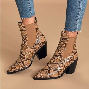 NWT Lulus Brown Snake Pointed-Toe Mid-Calf Booties